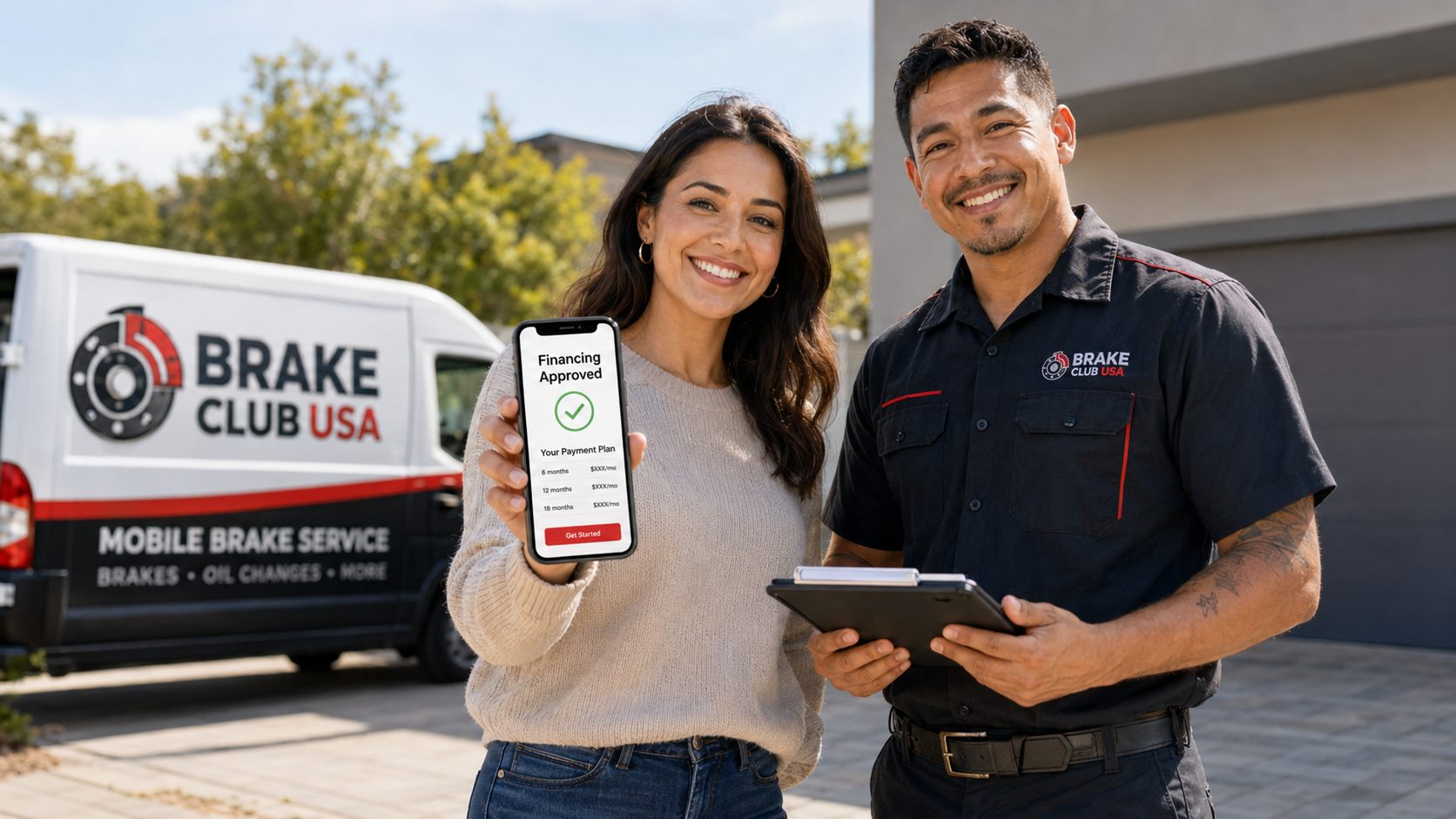 Houston customer showing an approved brake repair financing plan on her phone next to a Brake Club USA technician