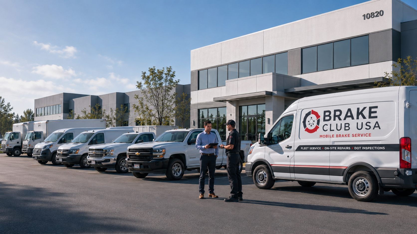 Brake Club USA technicians servicing a fleet truck on-site at a Houston business, with the service van beside a row of fleet vehicles