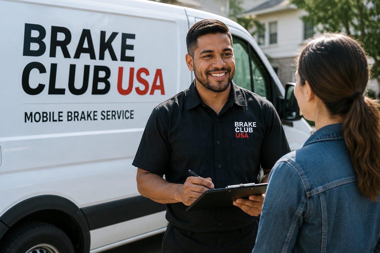 Brake Club USA technician with service van talking to a customer