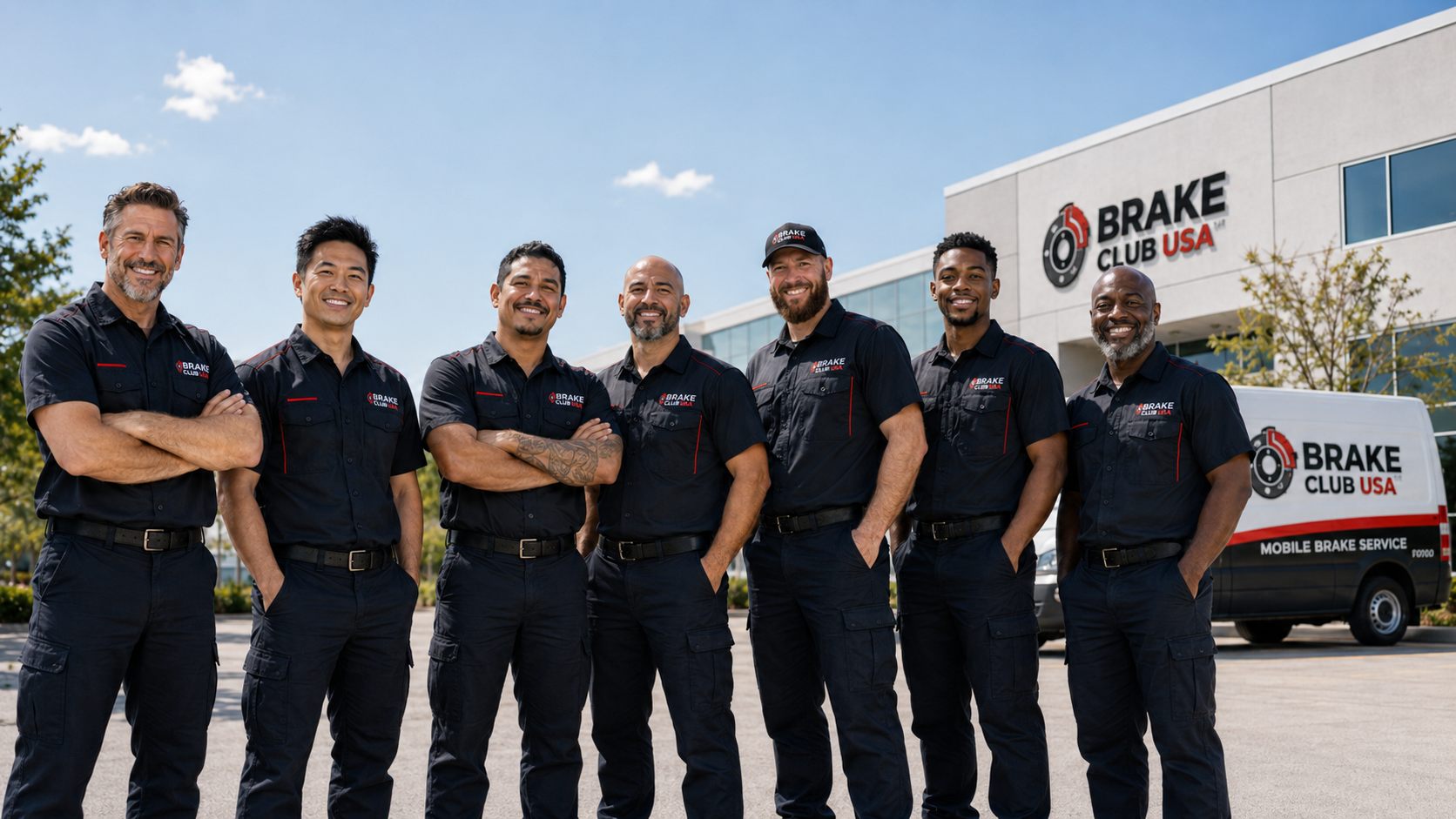 The Brake Club USA technician team standing in front of headquarters and a mobile brake service van