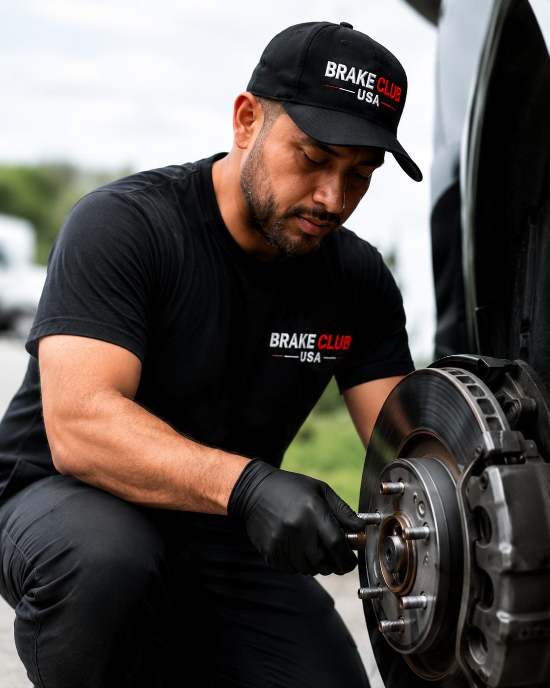 Close-up of a certified technician installing new brake pads on-site
