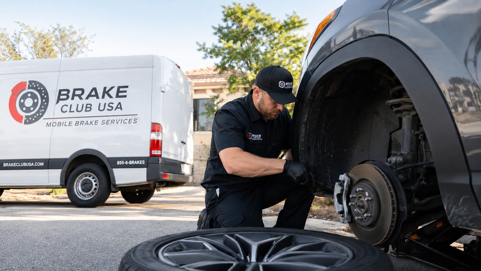 Brake Club USA technician replacing a brake rotor on-site with service van behind
