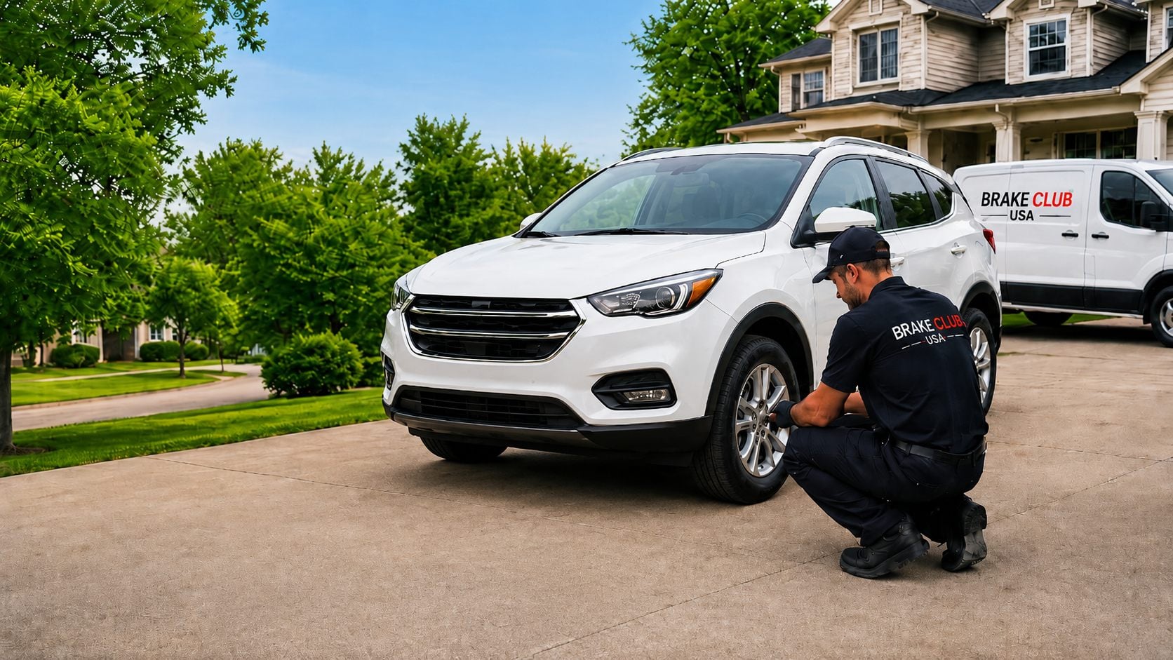 Brake Club USA technician replacing brakes in a Houston driveway